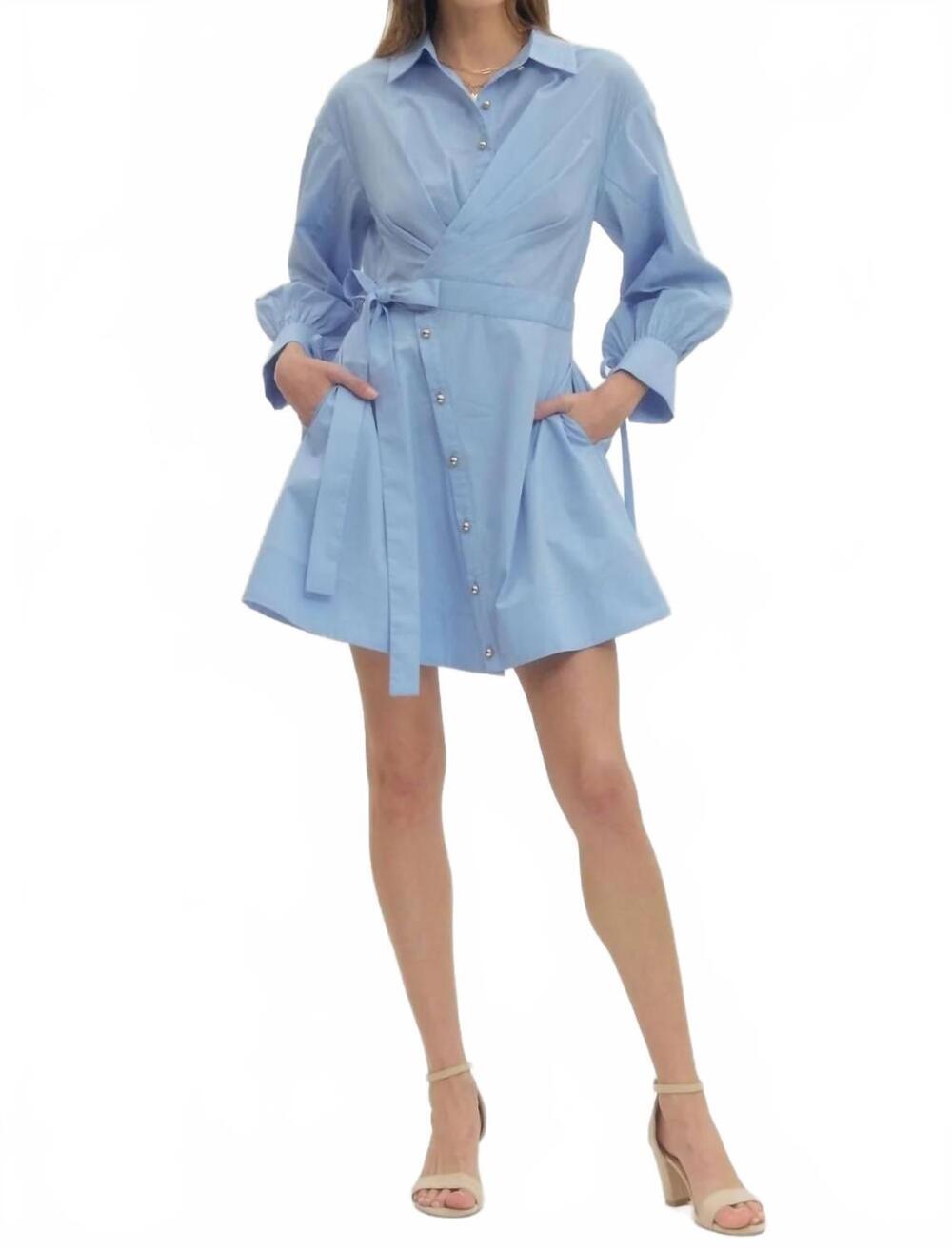 NEW ENTRO mini wrapped long sleeve dress in chambray